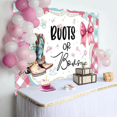 Aperturee - Aperturee Watercolor Boots or Bows Gender Reveal Backdrop Pink and Teal Plaid Baby Shower Background Western Party Decoration