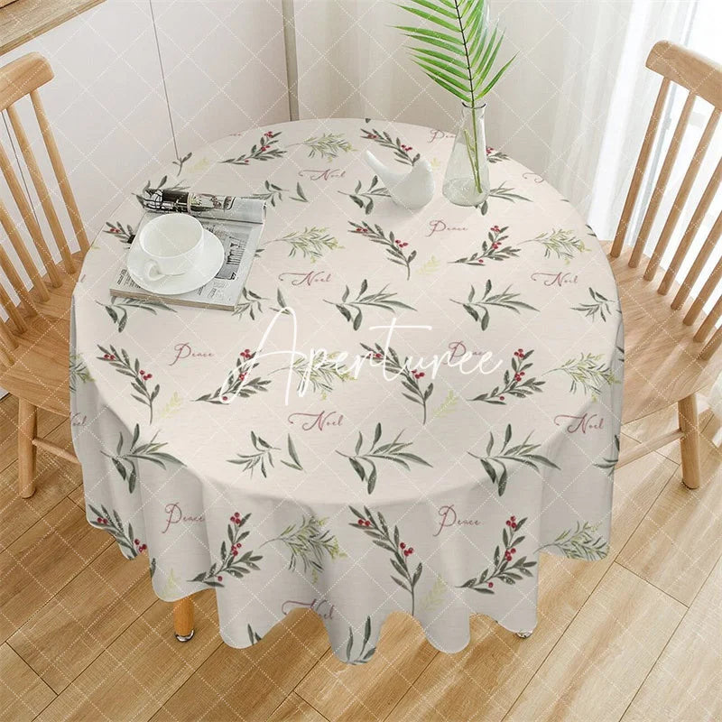 Aperturee - Aperturee Watercolor Botanical Green Leaves Red Berries Noel Peace Christmas Round Tablecloth Festive Holiday Dinner Decor