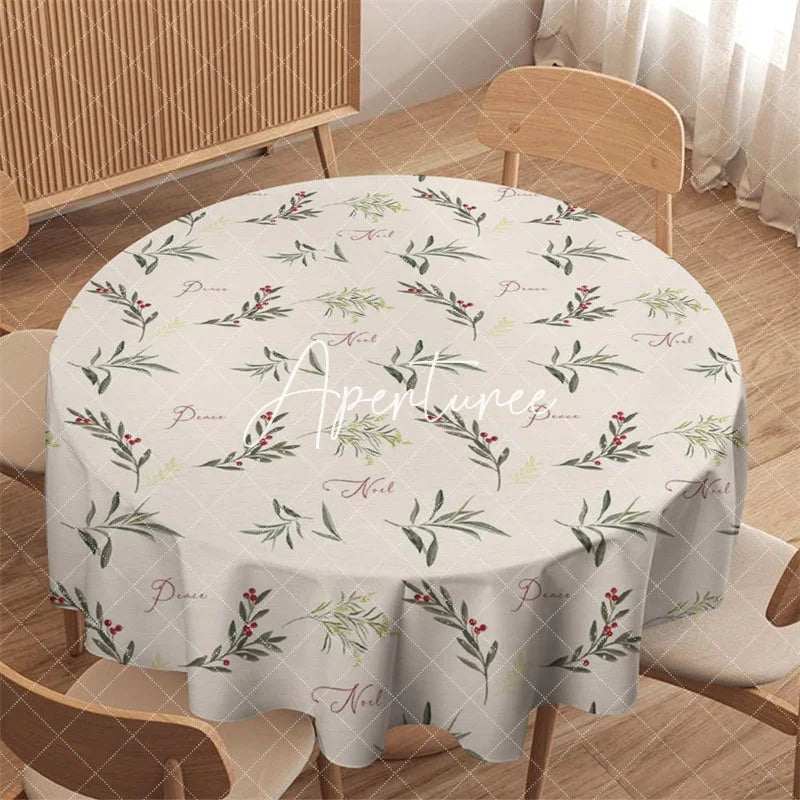 Aperturee - Aperturee Watercolor Botanical Green Leaves Red Berries Noel Peace Christmas Round Tablecloth Festive Holiday Dinner Decor