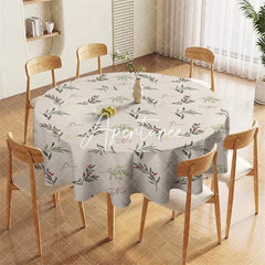 Aperturee - Aperturee Watercolor Botanical Green Leaves Red Berries Noel Peace Christmas Round Tablecloth Festive Holiday Dinner Decor