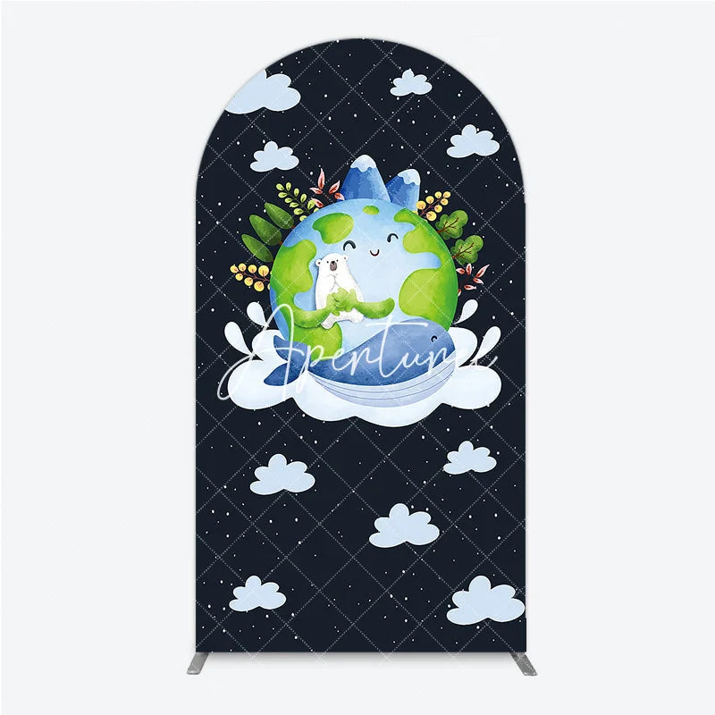 Aperturee - Aperturee Watercolor Cartoon Earth Polar Bear Whale Round Top Arch Backdrop Nature Theme Baby Shower Birthday Party Decor