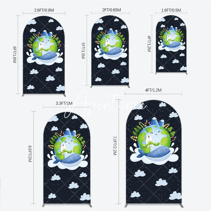 Aperturee - Aperturee Watercolor Cartoon Earth Polar Bear Whale Round Top Arch Backdrop Nature Theme Baby Shower Birthday Party Decor