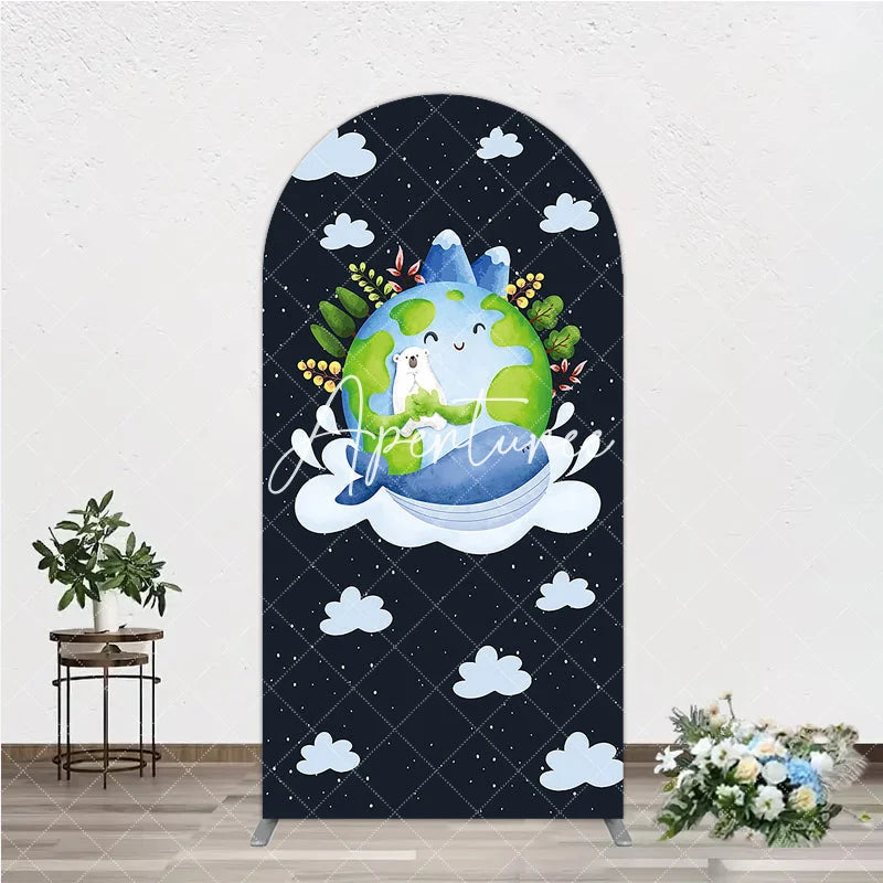 Aperturee - Aperturee Watercolor Cartoon Earth Polar Bear Whale Round Top Arch Backdrop Nature Theme Baby Shower Birthday Party Decor