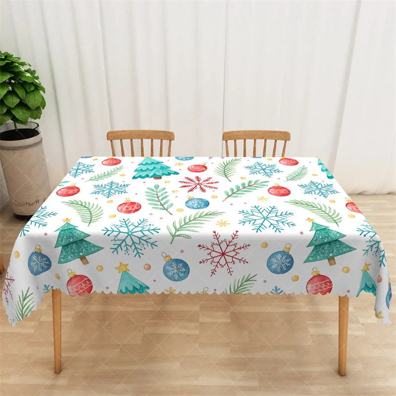 Aperturee - Aperturee Watercolor Christmas Rectangle Tablecloth White with Xmas Trees Ornaments Snowflakes Holiday Table Cover