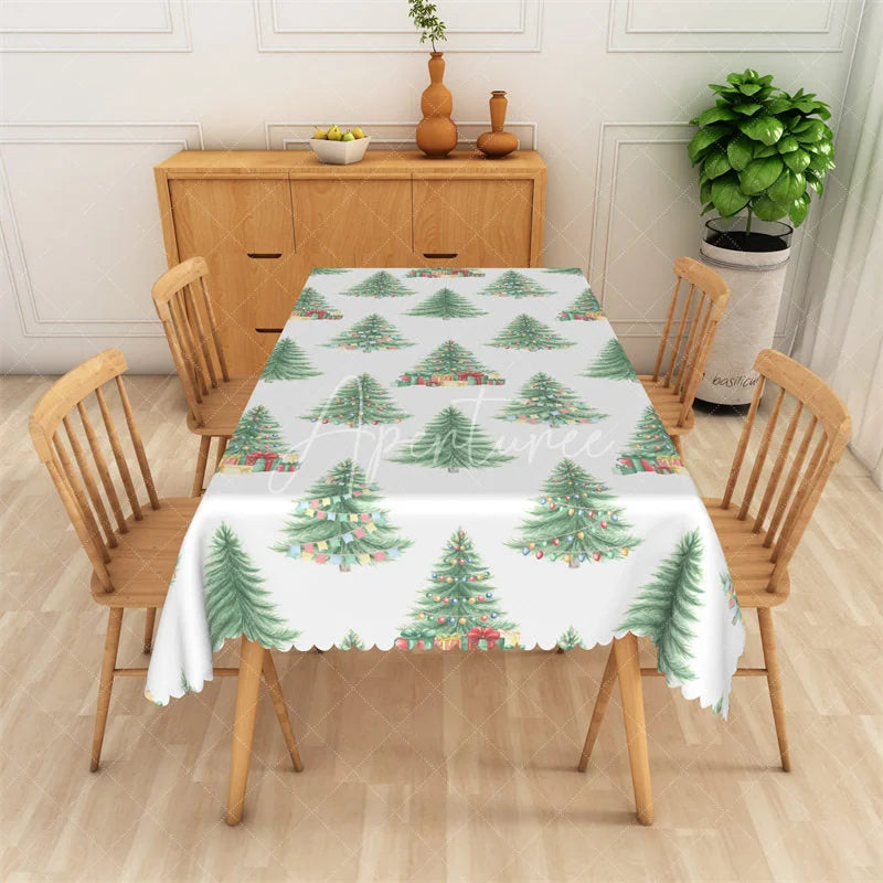 Aperturee - Aperturee Watercolor Christmas Tree Rectangle Tablecloth White with Pine Trees Holiday Party Table Cover Decor