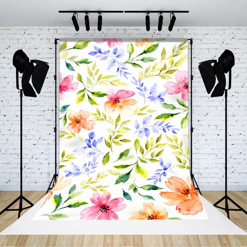 Aperturee - Aperturee Watercolor Colorful Floral Leaves Floral Backdrop