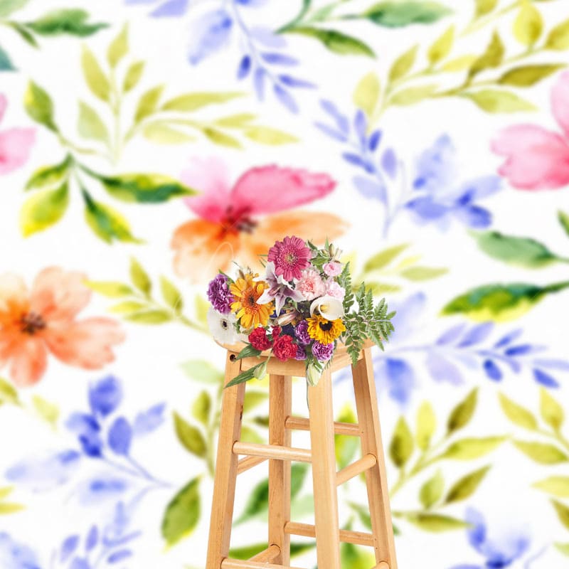 Aperturee - Aperturee Watercolor Colorful Floral Leaves Floral Backdrop