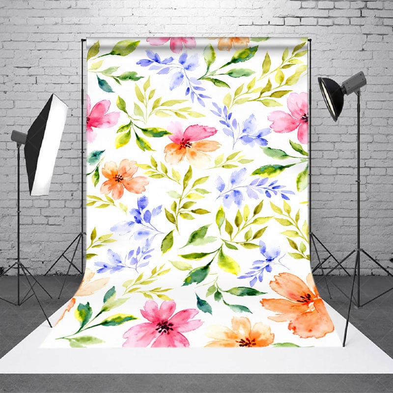 Aperturee - Aperturee Watercolor Colorful Floral Leaves Floral Backdrop