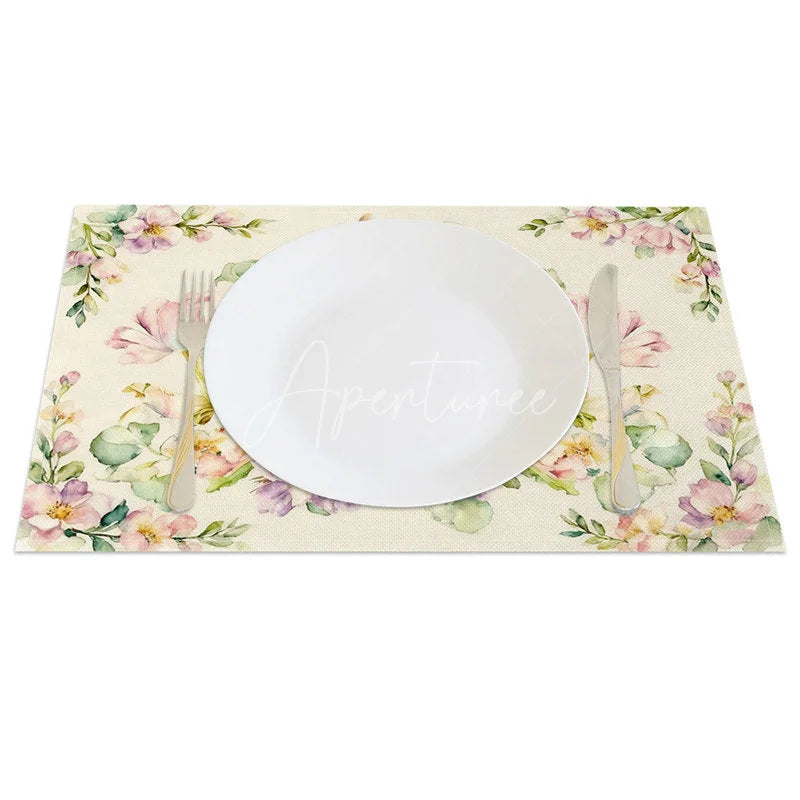 Aperturee - Aperturee Watercolor Cross Egg Easter Bunny Set of 4 Placemats Pink Floral Rabbit Table Mats for Holy Day
