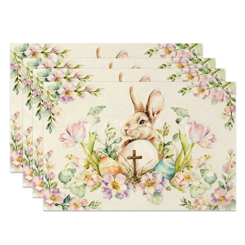 Aperturee - Aperturee Watercolor Cross Egg Easter Bunny Set of 4 Placemats Pink Floral Rabbit Table Mats for Holy Day