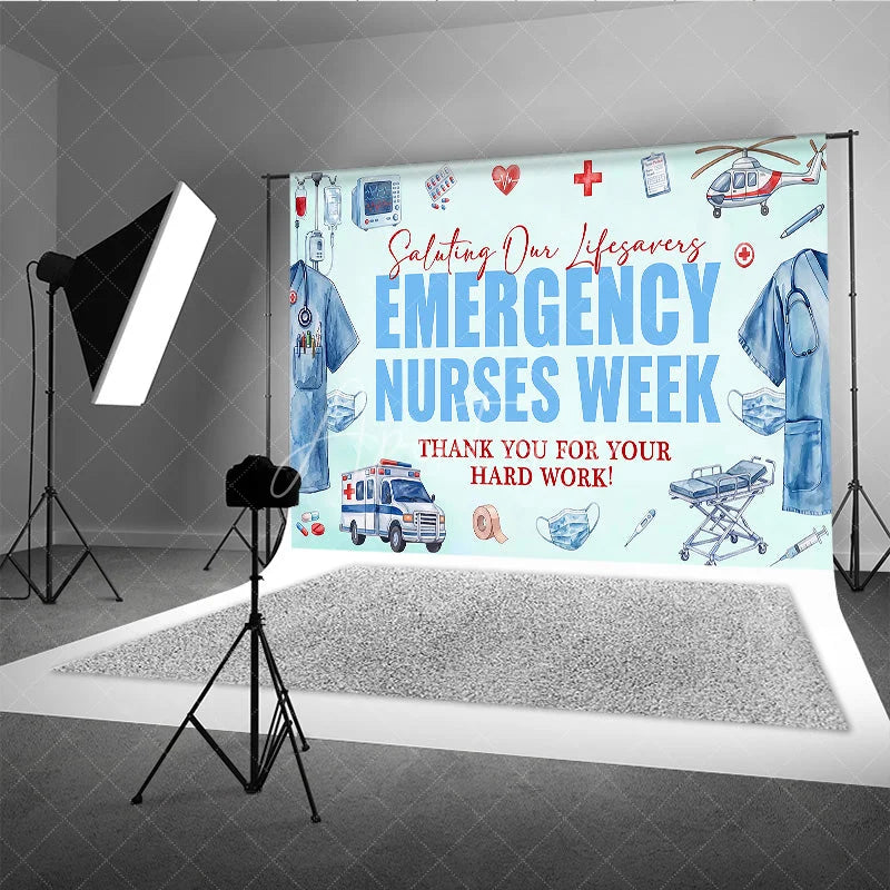 Aperturee - Aperturee Watercolor Emergency Nurses Week Holiday Backdrop Saluting Lifesavers and Thank You Decor