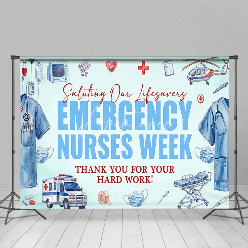 Aperturee - Aperturee Watercolor Emergency Nurses Week Holiday Backdrop Saluting Lifesavers and Thank You Decor