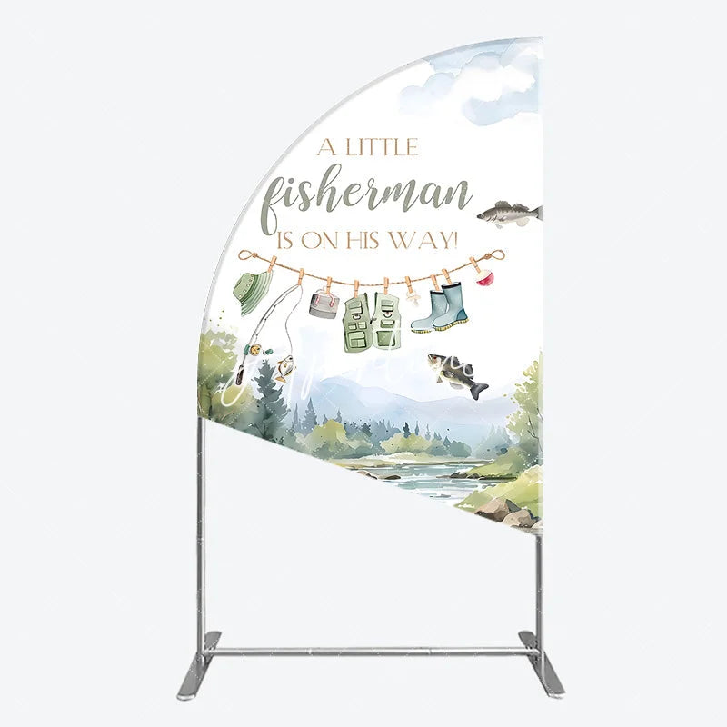 Aperturee - Aperturee Watercolor Fishing Theme Baby Shower Half Moon Arch Backdrop A Little Fisherman Is On His Way Party Decor