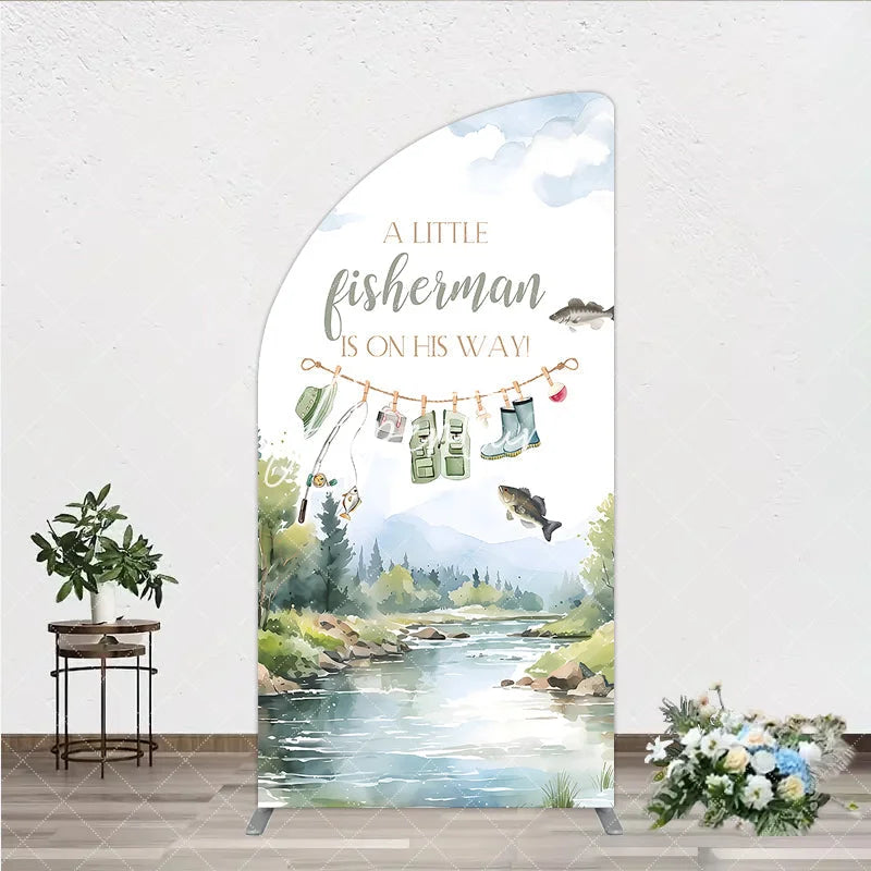 Aperturee - Aperturee Watercolor Fishing Theme Baby Shower Half Moon Arch Backdrop A Little Fisherman Is On His Way Party Decor