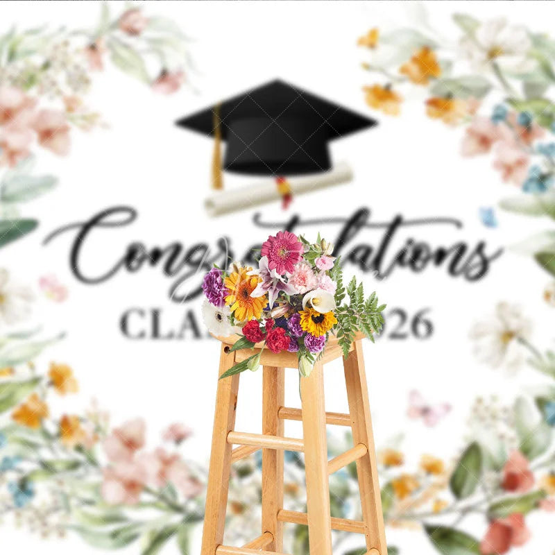 Aperturee - Aperturee Watercolor Floral Congratulations Class of 2026 Backdrop Elegant Graduation Party Banner