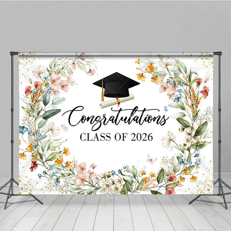 Aperturee - Aperturee Watercolor Floral Congratulations Class of 2026 Backdrop Elegant Graduation Party Banner