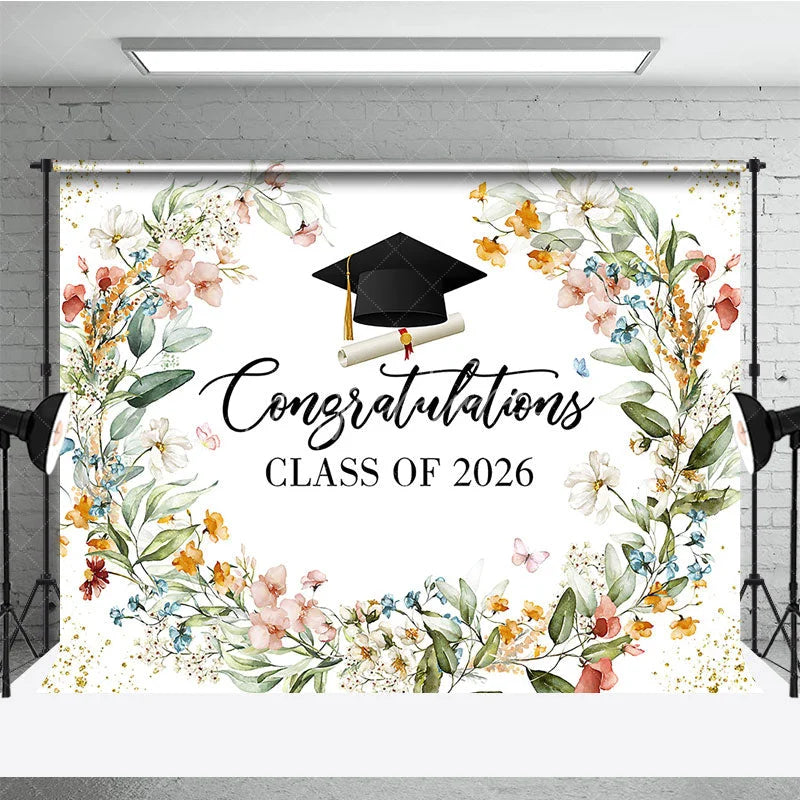 Aperturee - Aperturee Watercolor Floral Congratulations Class of 2026 Backdrop Elegant Graduation Party Banner