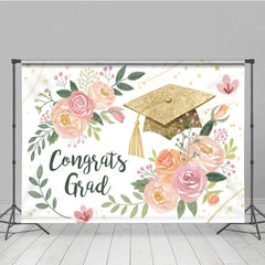 Aperturee - Aperturee Watercolor Floral Leaf Gold Cap Congrats Grad Backdrop