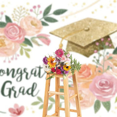 Aperturee - Aperturee Watercolor Floral Leaf Gold Cap Congrats Grad Backdrop