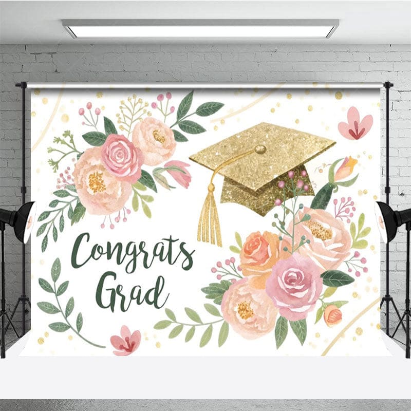 Aperturee - Aperturee Watercolor Floral Leaf Gold Cap Congrats Grad Backdrop