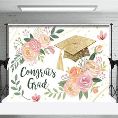 Aperturee - Aperturee Watercolor Floral Leaf Gold Cap Congrats Grad Backdrop