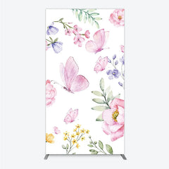 Aperturee - Aperturee Watercolor Floral Rectangle Arch Backdrop with Pink Butterflies Peonies and Purple Blossoms Spring Garden Theme