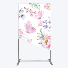 Aperturee - Aperturee Watercolor Floral Rectangle Arch Backdrop with Pink Butterflies Peonies and Purple Blossoms Spring Garden Theme