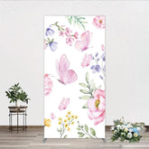 Aperturee - Aperturee Watercolor Floral Rectangle Arch Backdrop with Pink Butterflies Peonies and Purple Blossoms Spring Garden Theme