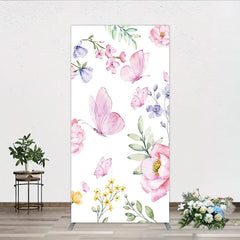 Aperturee - Aperturee Watercolor Floral Rectangle Arch Backdrop with Pink Butterflies Peonies and Purple Blossoms Spring Garden Theme