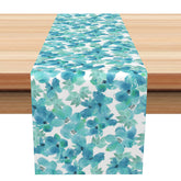 Aperturee - Aperturee Watercolor Floral Table Runner in Blue and Green for Spring Wedding Party and Elegant Dining Room Decor