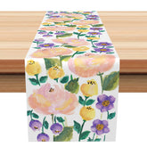 Aperturee - Aperturee Watercolor Floral Table Runner in Pink and Purple for Elegant Wedding and Bridal Shower Table Decor