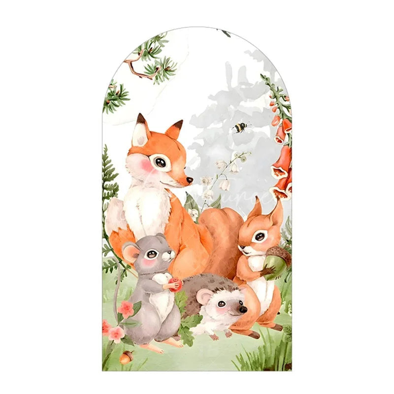 Aperturee - Aperturee Watercolor Forest Animals Arch Backdrop Woodland Bear and Rabbit Birthday Party Nature Adventure Arch Cover