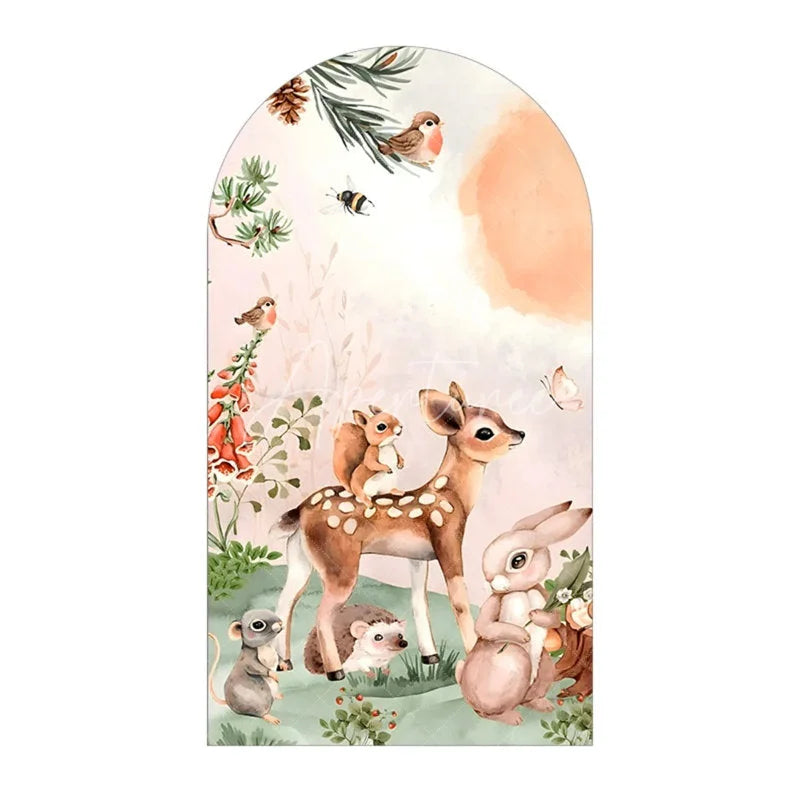 Aperturee - Aperturee Watercolor Forest Animals Arch Backdrop Woodland Bear and Rabbit Birthday Party Nature Adventure Arch Cover