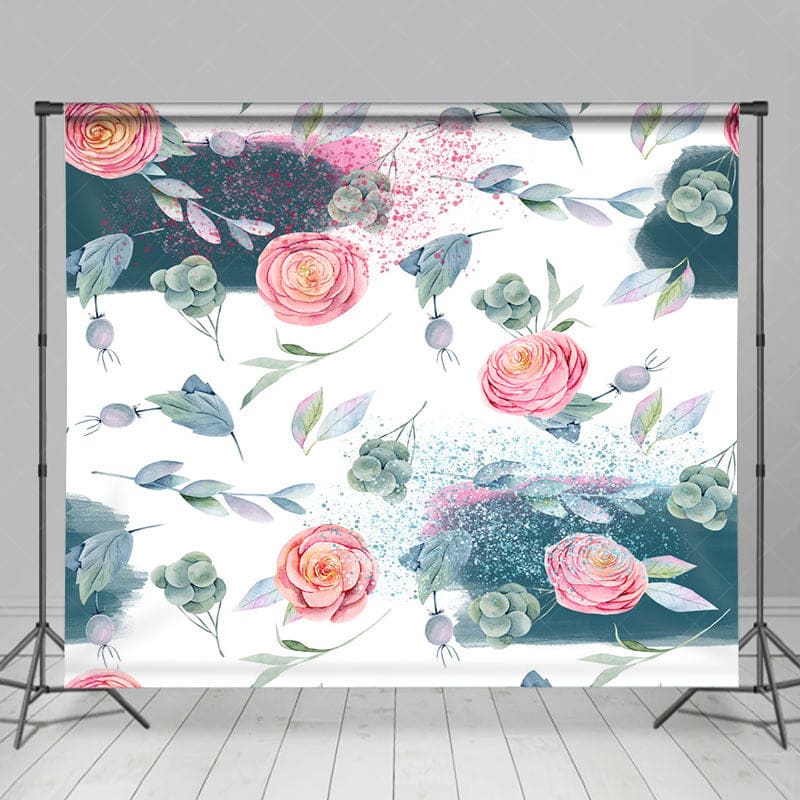 Aperturee - Aperturee Watercolor Green Fruit Leaves Pink Rose Backdrop