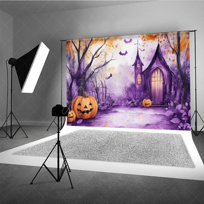 Aperturee - Aperturee Watercolor Halloween Photography Backdrop Purple Spooky Church and Pumpkins Whimsical Haunted Forest Scene
