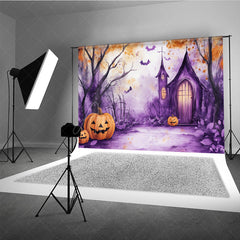 Aperturee - Aperturee Watercolor Halloween Photography Backdrop Purple Spooky Church and Pumpkins Whimsical Haunted Forest Scene