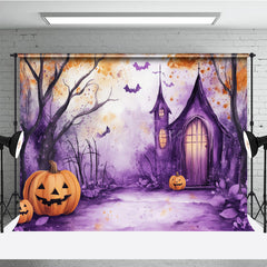Aperturee - Aperturee Watercolor Halloween Photography Backdrop Purple Spooky Church and Pumpkins Whimsical Haunted Forest Scene
