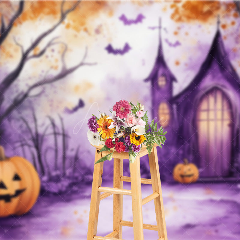 Aperturee - Aperturee Watercolor Halloween Photography Backdrop Purple Spooky Church and Pumpkins Whimsical Haunted Forest Scene