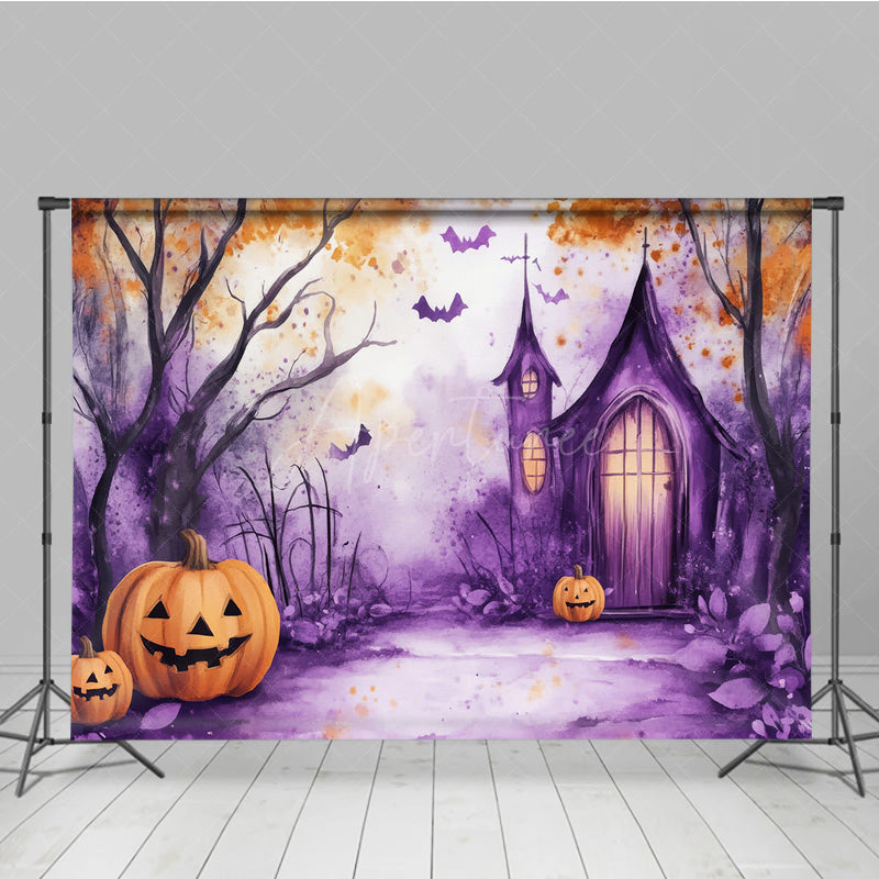 Aperturee - Aperturee Watercolor Halloween Photography Backdrop Purple Spooky Church and Pumpkins Whimsical Haunted Forest Scene