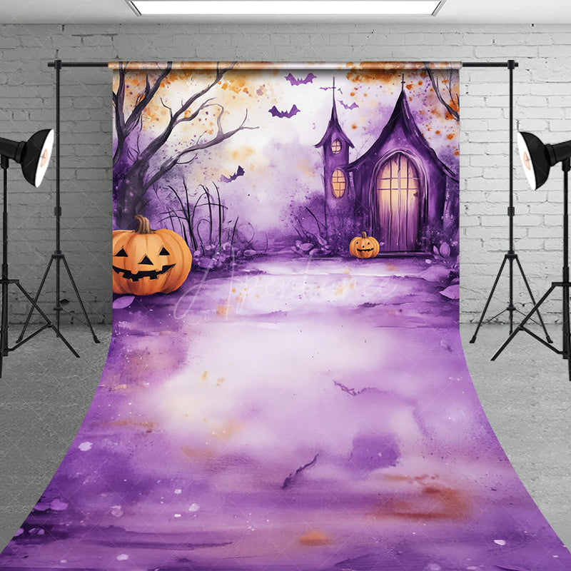 Aperturee - Aperturee Watercolor Halloween Sweep Backdrop Purple Spooky Church and Pumpkins Whimsical Haunted Forest Scene