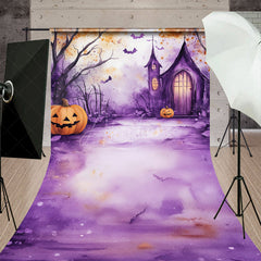 Aperturee - Aperturee Watercolor Halloween Sweep Backdrop Purple Spooky Church and Pumpkins Whimsical Haunted Forest Scene