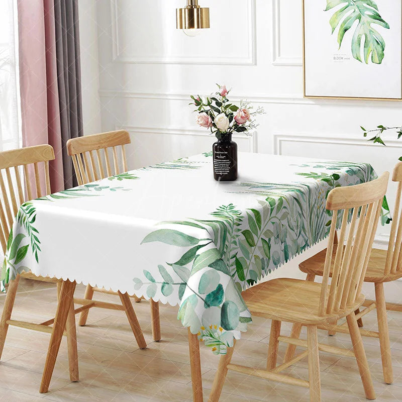 Aperturee - Aperturee Watercolor Herbal Garden Rectangle Tablecloth Mixed Green Leaves Table Cover Natural Kitchen Dining Decor