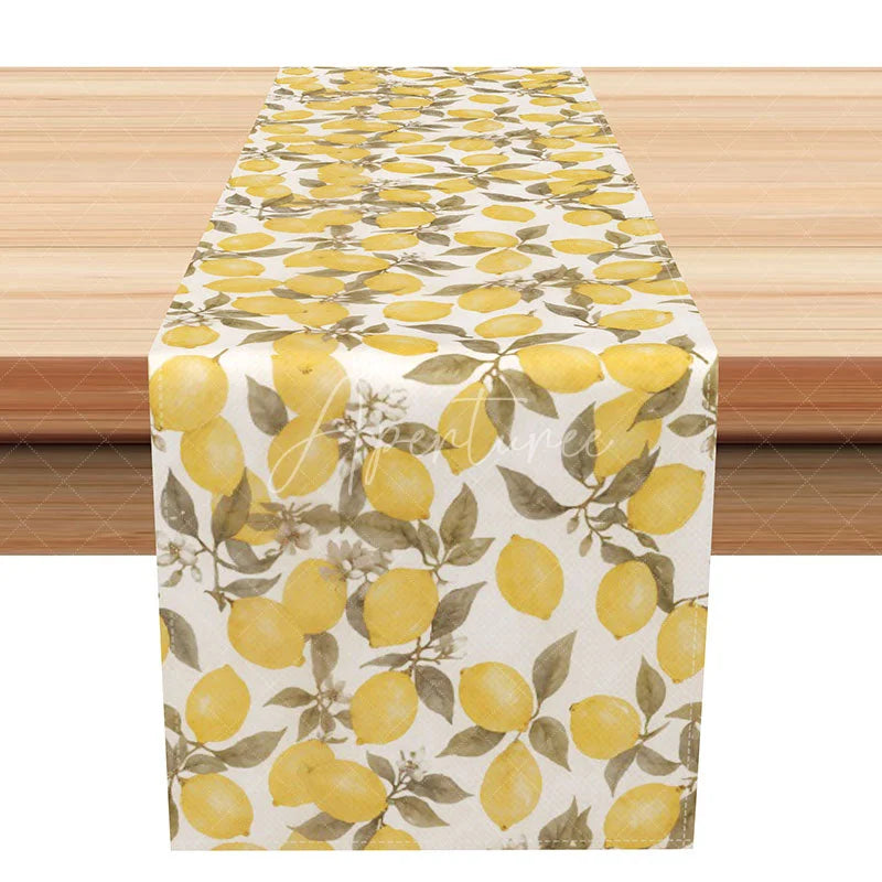 Aperturee - Aperturee Watercolor Lemon Table Runner Yellow Citrus Fruit on White for Summer Farmhouse Kitchen Dining Decor