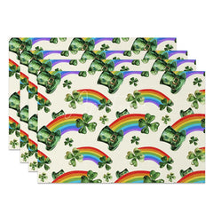 Aperturee - Aperturee Watercolor Leprechaun Hat Pattern Set of 4 Placemats St. Patricks Day Rainbow and Clover Table Mats
