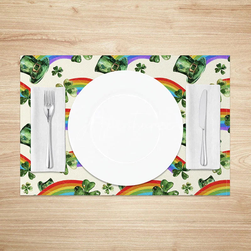 Aperturee - Aperturee Watercolor Leprechaun Hat Pattern Set of 4 Placemats St. Patricks Day Rainbow and Clover Table Mats