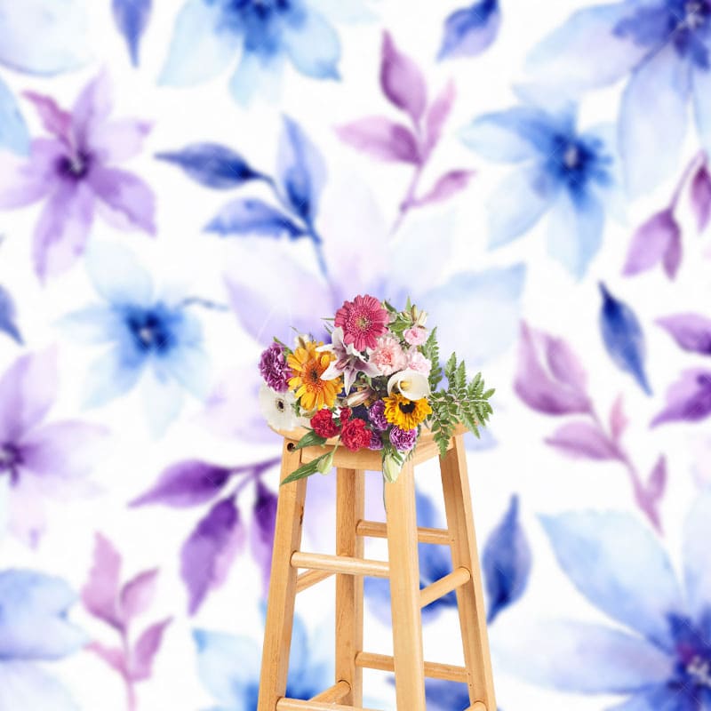 Aperturee - Aperturee Watercolor Painting Blue Purple Floral Photo Backdrop