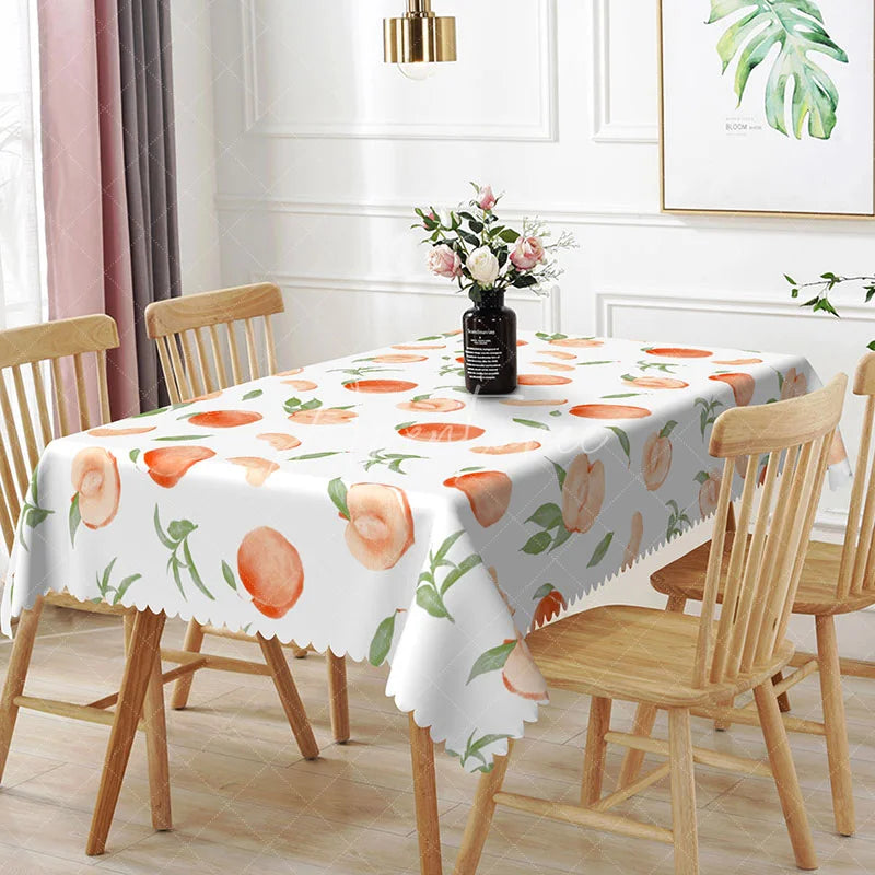 Aperturee - Aperturee Watercolor Peach Fruit Rectangle Tablecloth Fresh Green Leaf Dining Table Cover for Kitchen