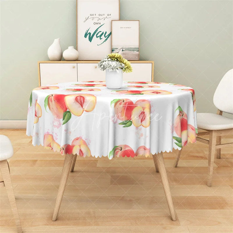 Aperturee - Aperturee Watercolor Peach Fruit Round Tablecloth Sweet Summer Pink Peach Table Cover for Picnic