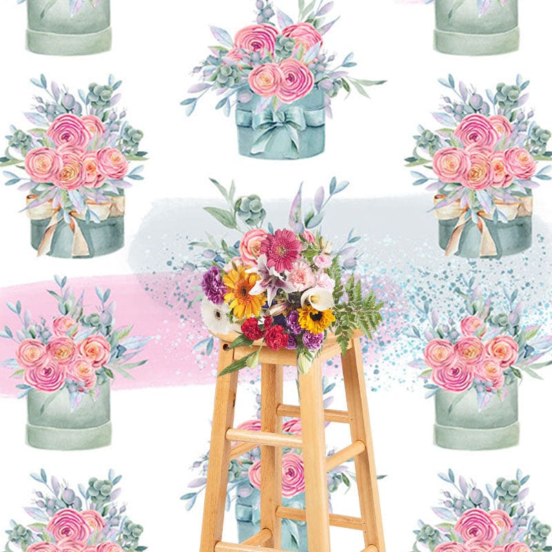 Aperturee - Aperturee Watercolor Pink Bouquets Pots Floral Photo Backdrop