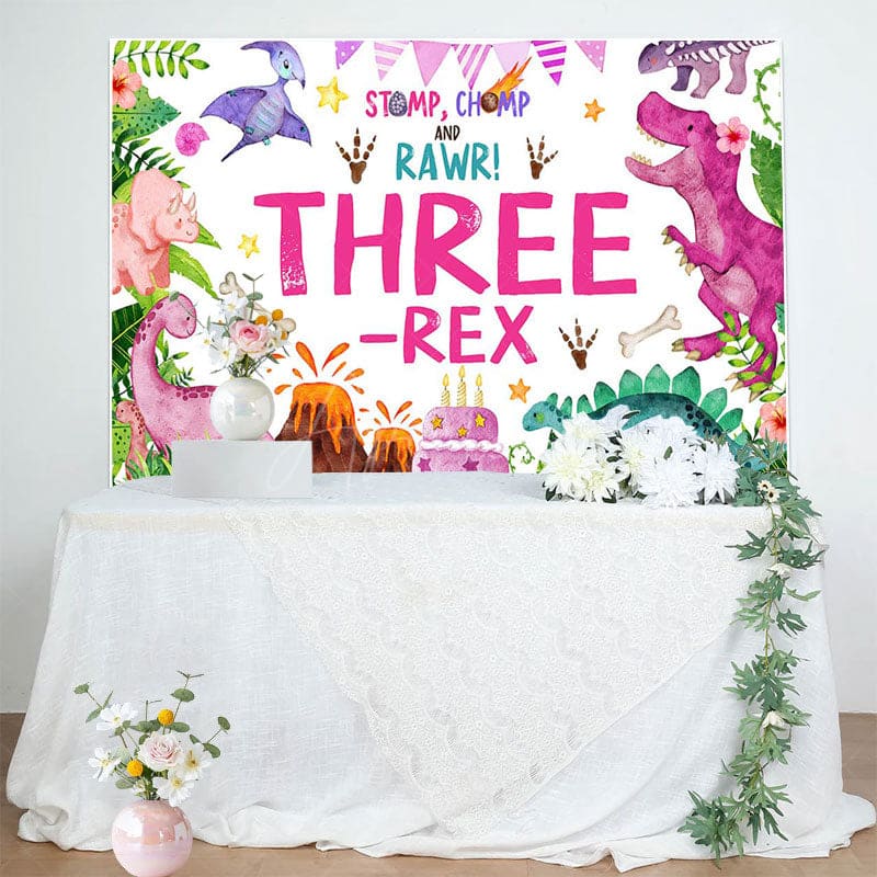 Aperturee - Aperturee Watercolor Pink Dinosaur Three Rex Birthday Backdrop